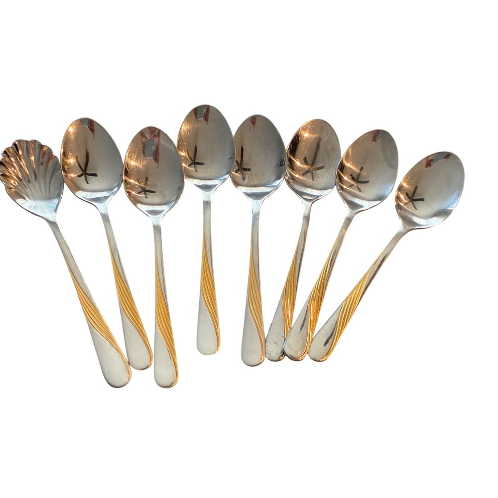 Mirella 18/10 Stainless Steel Gold Swirl Teaspoons and Sugar Spoon Set of 8